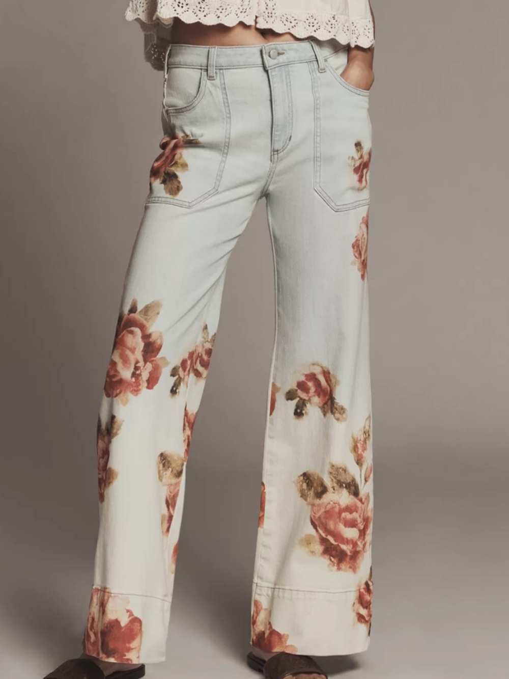 Anthropologie Light Blue & Rose Floral Wide-Leg Jeans